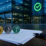 Sberbank building in Moscow with Bitcoin, Ethereum and USDT coins used as loan collateral on official bank papers