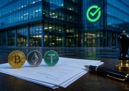 Sberbank building in Moscow with Bitcoin, Ethereum and USDT coins used as loan collateral on official bank papers