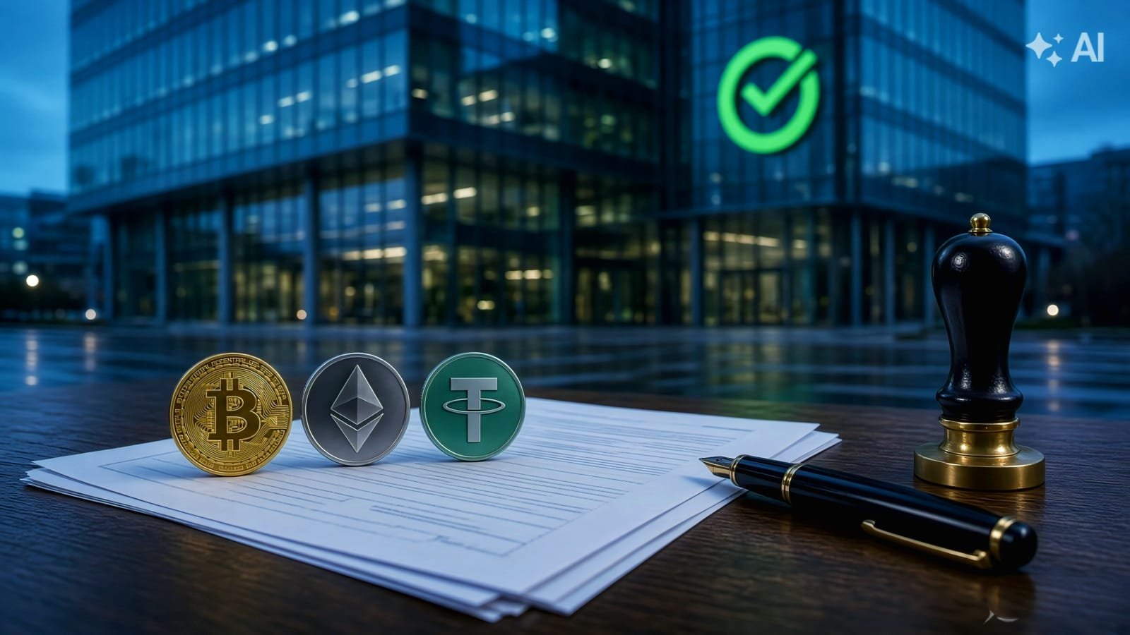 Sberbank building in Moscow with Bitcoin, Ethereum and USDT coins used as loan collateral on official bank papers